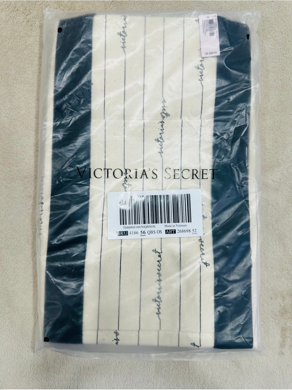 Victoria's Secret Cream and Navy Striped Travel Tote Bag